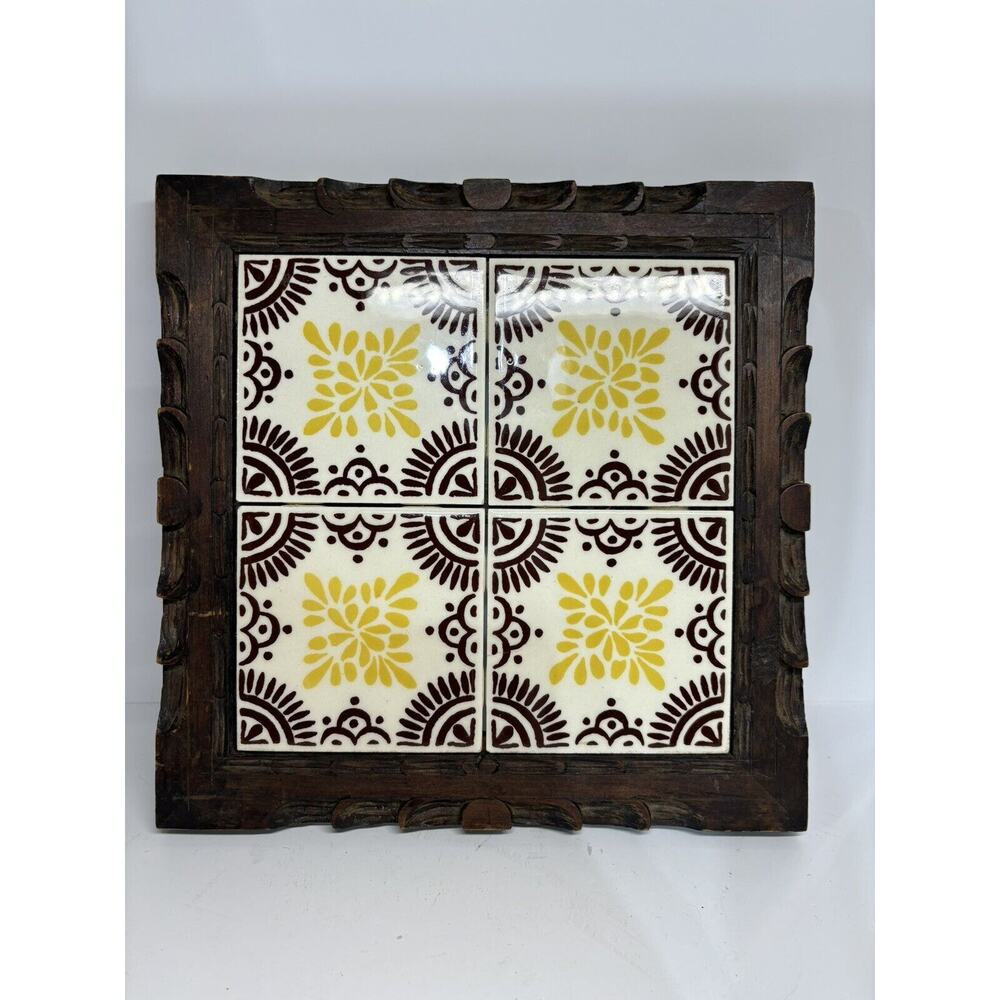 Vintage ‘60s Orion Mexican 4 Tile Trivet in Carved Wood Frame Retro Yellow Brown